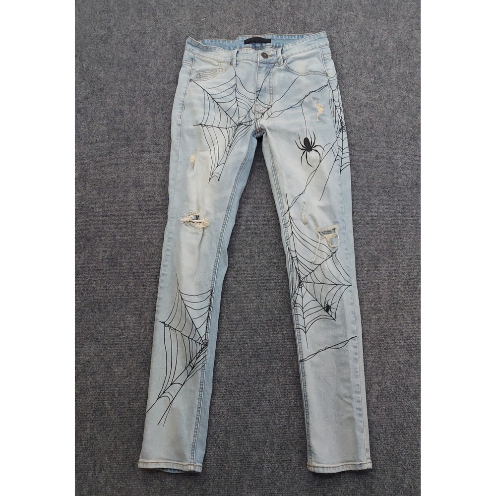 KDNK Jeans Mens 32 Blue Spider Webs Distressed‎ Slim Gothic Grunge Stretch